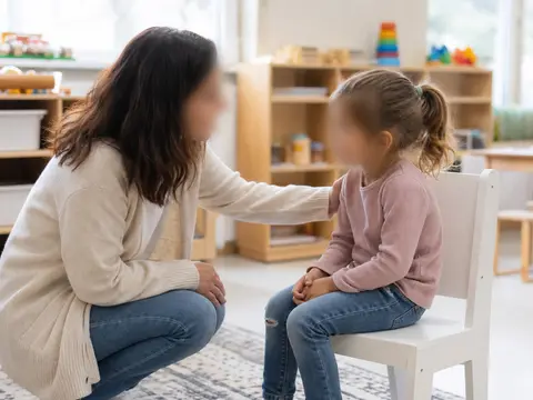 Anaokulunda öğretmenle sakin iletişim kuran okul öncesi çocuk