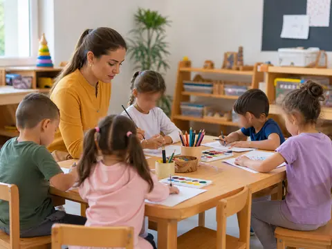 Profesyonel öğretmen eşliğinde grup etkinliğinde okul öncesi çocuklar