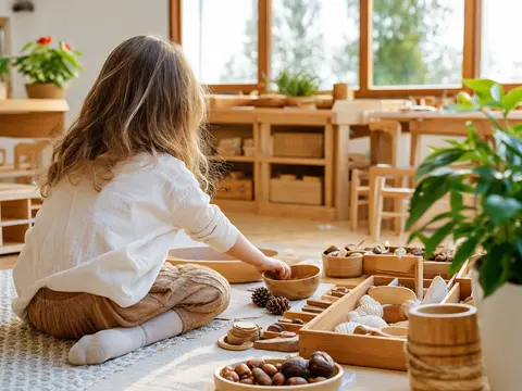 Anaokulunda Montessori materyalleriyle keşif yapan çocuk