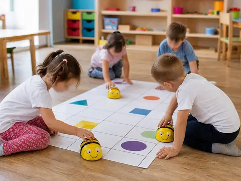 Anaokulunda robotik kodlama atölyesinde çalışan çocuklar